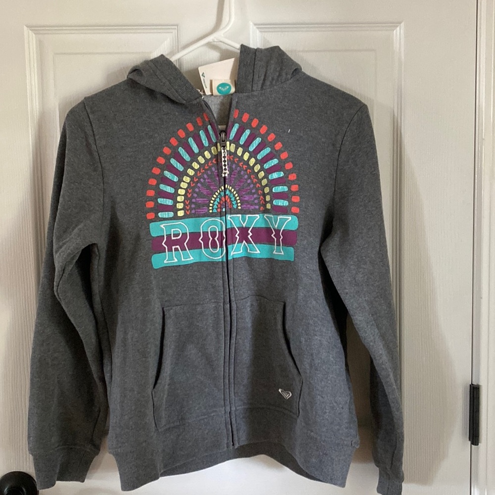 Adorable NWT girl’s gray Roxy jacket zip up hoodie size large 14 16